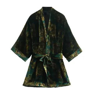 Женское платье-кимоно с цветочным принтом, зеленое повседневное модное платье с поясом и v-образным вырезом и коротким рукавом