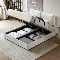 Lit moderne de luxe personnalisé en pin avec ottoman de rangement, cadre king size à vérin à gaz et revêtement en tissu
