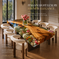 Table à manger rectangulaire en bois de style artisanal moderne, coulée dans de la résine époxy transparente comme du cristal, incrustée de fleurs