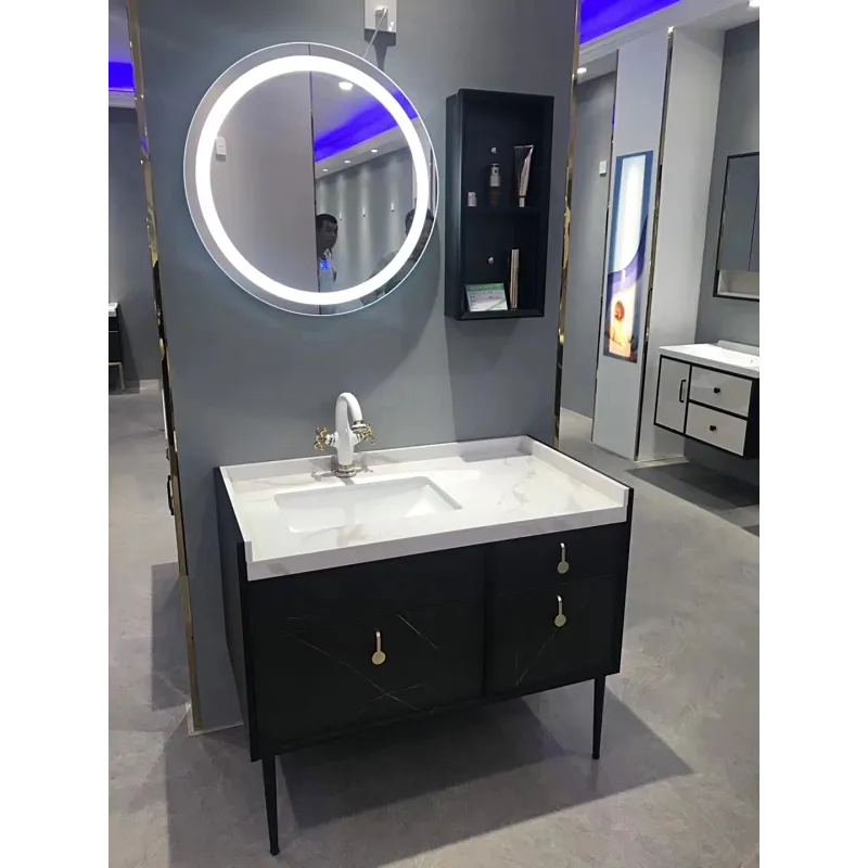 Kontrplak banyo dolabı duvara monte Vanity LED ayna ve yan kabin