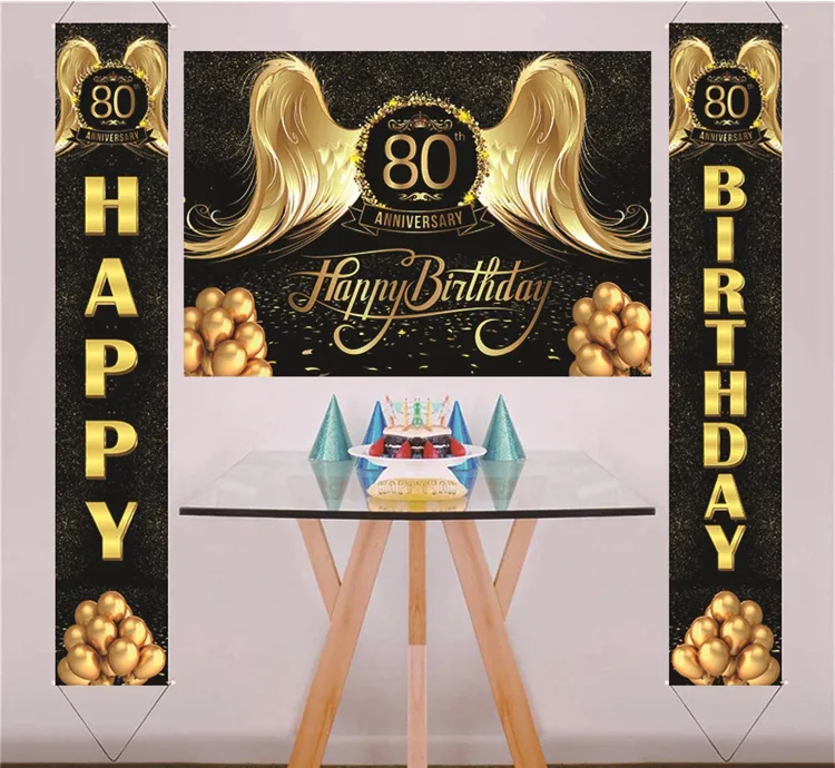 Gelukkig 80th Birthday Party Decoratie Proost Op 80 Jaar Party Decoratie Zwart Goud Welkom Veranda Teken Banner SD819