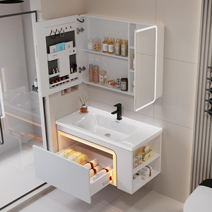 Ensemble de meuble-lavabo de salle de bain blanc sur mesure avec éclairage flottant, armoire miroir LED et lavabo en céramique intégré pour projets hôteliers et d'appartements - Product Image 3