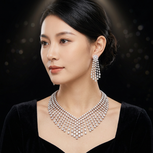 Luxury <b>Silver</b> Plated CZ Cubic Zirconia Indian Bridal Teardrop <b>Choker</b> Necklace Earrings Jewellery Set Brass Base - Product Image 3