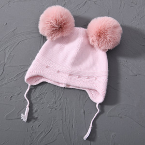 Bonnet <span class=keywords><strong>en</strong></span> <span class=keywords><strong>laine</strong></span> <span class=keywords><strong>de</strong></span> cachemire tricoté pour bébés, garçons, filles, enfants, épais, personnalisé, chaud, avec double <span class=keywords><strong>pompon</strong></span> détachable <span class=keywords><strong>en</strong></span> faux <span class=keywords><strong>lapin</strong></span> - Product Image 2