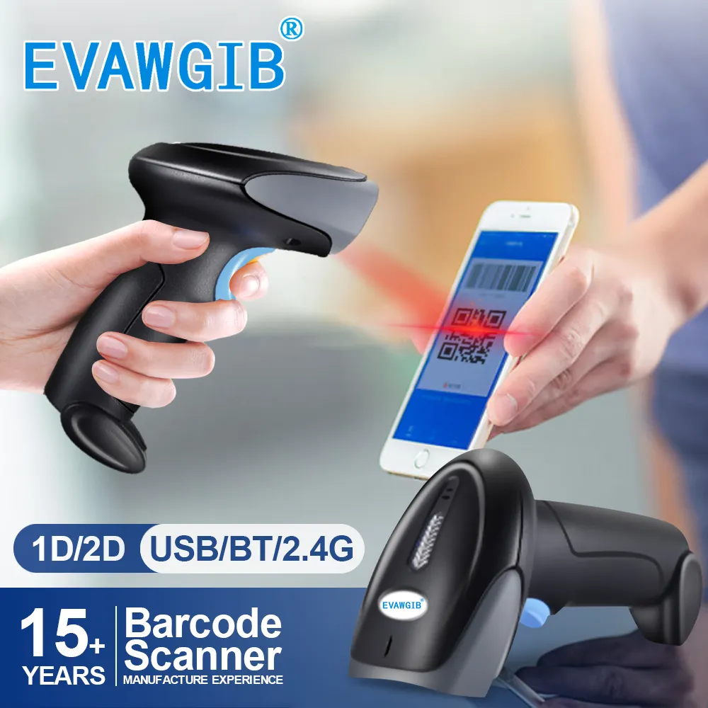 EVAWGIB Handheld Wired 1D 2D Qr Bar Code Reader Wireless Laser Barcode Scanner For Receipt Cash Register Inventory Bank Cheque