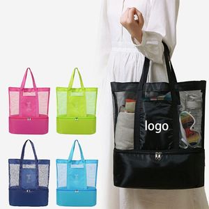 Sac isotherme de pique-nique double couche, sac de rangement de voyage en plein air, sac de plage coloré en maille à poignée - Product Image 3