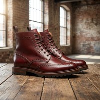 Sepatu Boots Kulit Sapi Embos Model Wingtip Tinggi Warna Merah Mahoni dengan Penyangga Pergelangan Kaki yang Diperkuat untuk Pria, Sepatu Formal Bisnis
