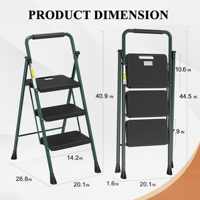 Échelle pliable en acier à 3 marches en aluminium durable noir et vert avec de larges pédales antidérapantes boucles de sécurité pour l'école à la maison
