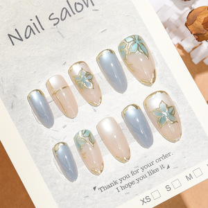 Faux ongles à presser courts, forme amande, bleu brumeux, effet œil de chat, fleur 3D, nouveau style chinois, éclaircissants, vente en gros - Product Image 1