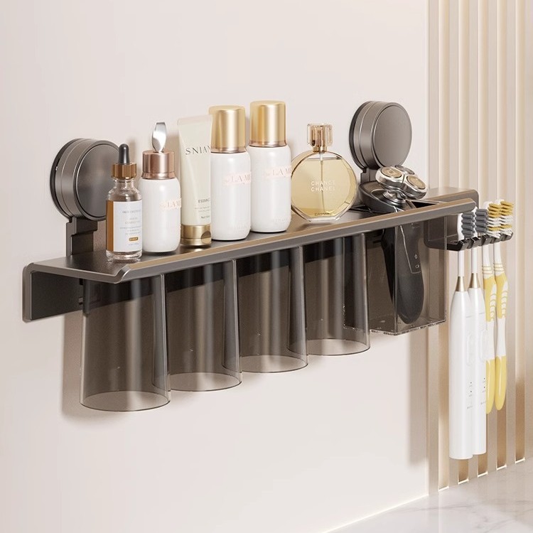 Porte-brosse à dents magnétique à ventouse (quatre gobelets) [Gris anthracite]