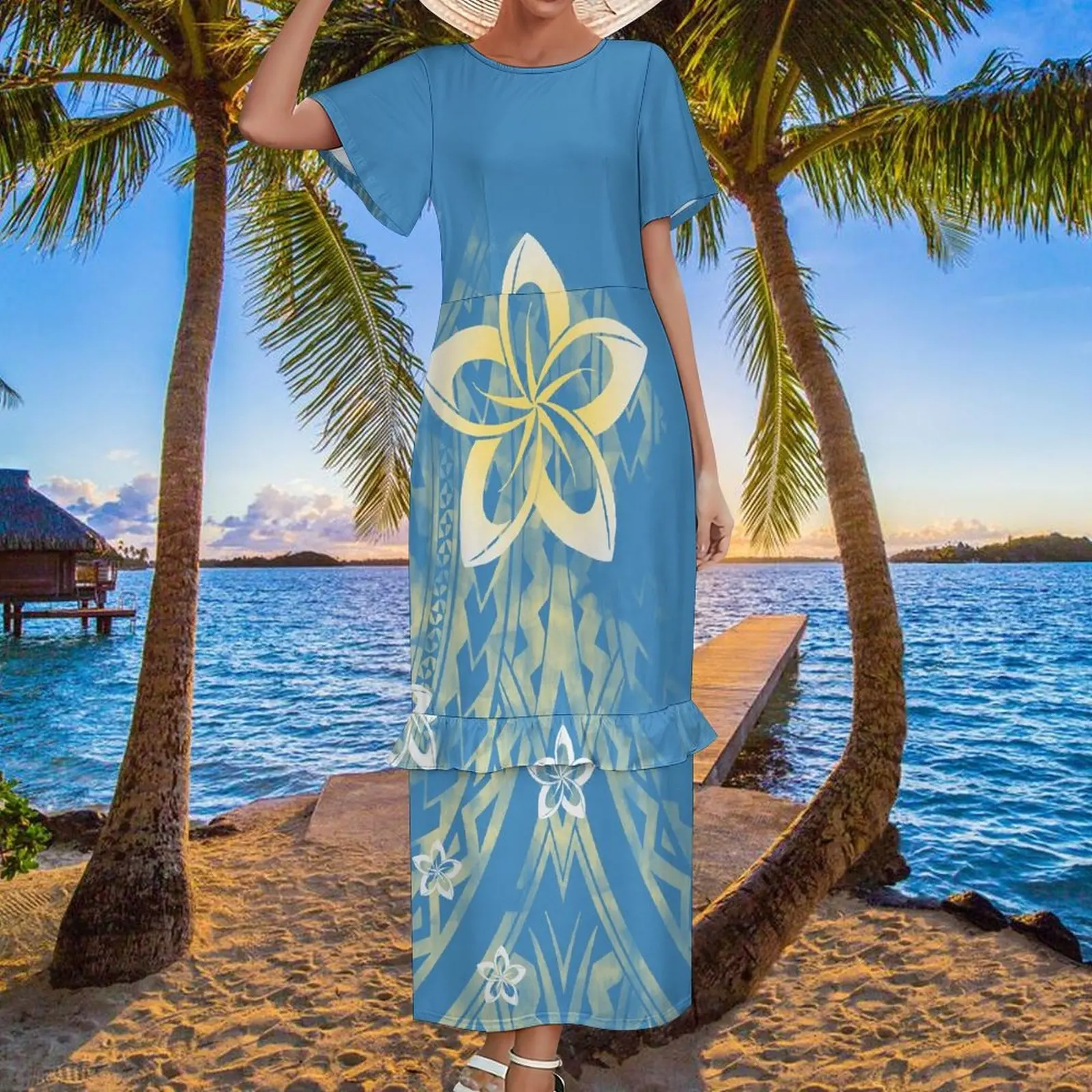 baby blue summer new short sleeve fashion women tube skirt plumeria flowers hawaii plus size 8XL maxi dress for beach holiday