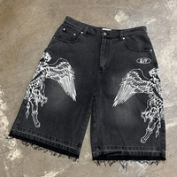 Shorts en jean nylon et coton à taille mi-haute, coupe droite, style streetwear décontracté, hip-hop rétro, avec broderie personnalisée de haute qualité et strass