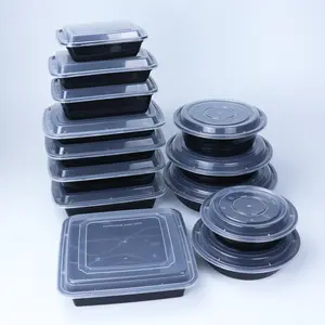 Bols de stockage alimentaires empilables ronds noirs PP de qualité alimentaire Récipients de préparation de repas en plastique jetables avec couvercle