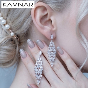 Orecchini Pendenti Placcati in Oro Bianco, Ottone con Zirconi Marquise a Grappolo a Foglia, Senza Nichel, Regalo di Nozze per Lei, Personalizzabili all'Ingrosso - Product Image 1