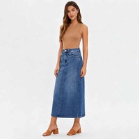 Rok Denim Midi Pensil Kasual Elegan Wanita, Rok Jeans Panjang Berpinggang Tinggi