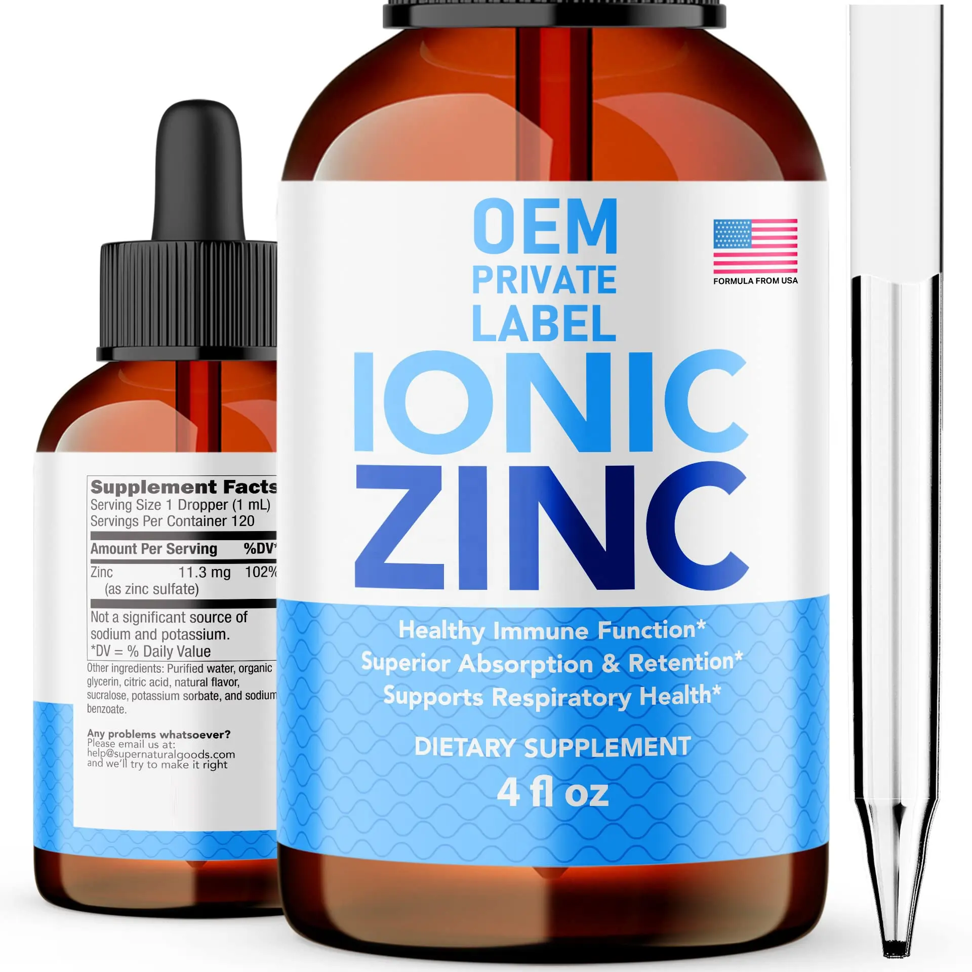 Gouttes de zinc liquide ionique OEM pour l'estomac sensible Supplément de vitamine de zinc pour adultes Gouttes de zinc liquide pur pour rappel immunitaire