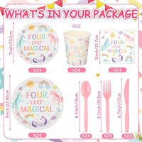 Vaisselle de fête d'anniversaire pour enfant de 4 ans, ensemble de vaisselle arc-en-ciel avec assiettes, serviettes, gobelets, couteaux, cuillères, fourchettes, fournitures pour fête d'anniversaire