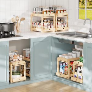 Organisateur de lavabo coulissant à 2 niveaux en bambou moderne pour le rangement domestique du salon, installation facile - Product Image 5