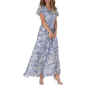 Nouvelle Robe Longue d'Été en Mousseline Florale à Manches Courtes, Style Simple et Doux, Col en V à Volants, Tendance, Taille Cintrée, Fluide - Product Image 5