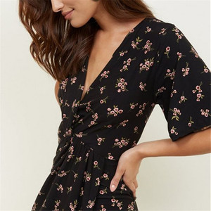 Manga corta paso dobladillo cintura elástica negro Floral suave nudo <span class=keywords><strong>en</strong></span> la parte delantera de - Product Image 3