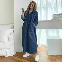 Robe midi cargo en jean décontractée coupe ample grande taille 2026 Nouvelle collection Col rabattu Ourlet fendu Robes en jean délavé pour femme