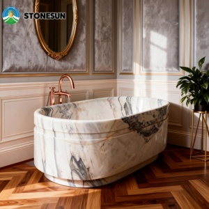 Baignoire ronde autoportante en pierre naturelle StoneSun Calacatta Viola, baignoire en marbre pour salle de bain à domicile - Product Image 3