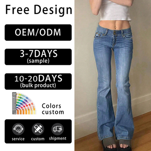 Jeans a Zampa Personalizzati a Vita Bassa per <span class=keywords><strong>Donna</strong></span>, Skinny Blu Scuro, Stile Vintage Streetwear, <span class=keywords><strong>Pantaloni</strong></span> in Denim Slim per Ragazze - Product Image 1