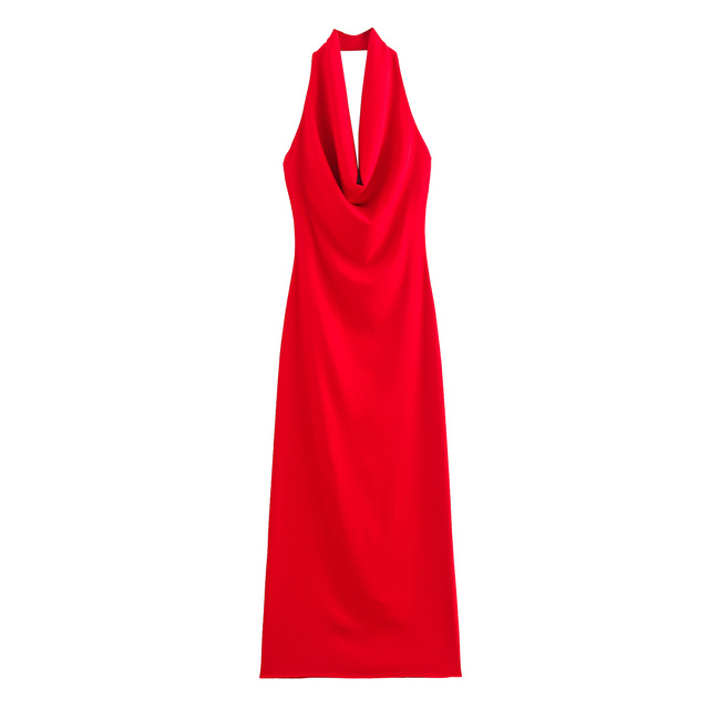 Back Slit Red Color Sleeveless Front Pleated Casual Fashion Ladies Long Halter Dress