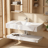 Mueble de Baño Moderno con Lavabo Rectangular Flotante de Mármol, Resistente al Agua, Montado en la Pared, con Espejo, Estilo Rústico/Villa