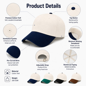 Custom Logo 6-Panel Baseball Cap Structured Fit Contrast Visor Premium Cotton Wholesale Adjustable Sun <b>Hat</b> Ivory Coffee Brown - Product Image 4