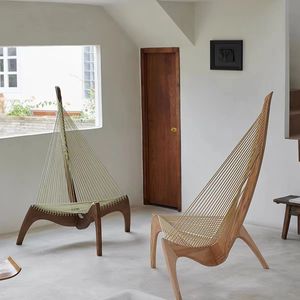 Fauteuil de relaxation moderne en bois massif et <span class=keywords><strong>corde</strong></span> tressée, style artistique et créatif pour salon, fauteuil inclinable type Harp - Product Image 1