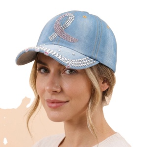 Gorra de béisbol de mezclilla con visera curva y diamantes de imitación, diseño de 6 paneles, ajustable, decoración de pedrería, imagen versátil, parasol. - Product Image 1