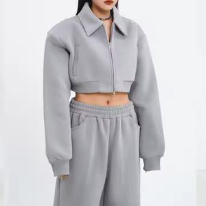 Survêtements d'automne pour femmes, mode streetwear, veste courte à fermeture éclair et col à revers, ensemble de pantalons de survêtement en coton French Terry 100% pour femmes - Product Image 6