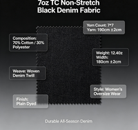 Tissu denim noir non extensible, tissé uni, teint, 70% coton, 30% polyester, 12,4 oz, poids lourd, durable, vêtements décontractés et tendance