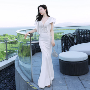 16336 # Toast mariée longue épaule rouge appréciation dîner Slim-fit robe en queue de poisson mariage soirée femme - Product Image 1