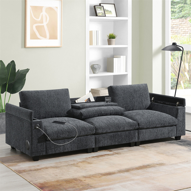 Sofa China Supplier Comfy Cloud Couch Set Chenille Sectional Sofa with Bluetooth Speaker with Drop Down Table Cup Holders