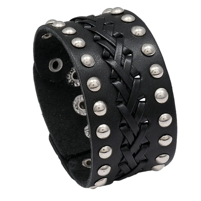 Punk Men Bracelets Wide Real Leather Bracelet Women Cuff Wrap Bracelet Brown Black Silver Tone Rivets Biker Wristband Jewellery