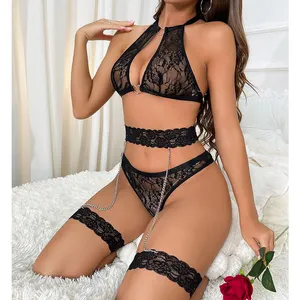 Día de San Valentín Sexy negro Sheer Mesh V cuello anillo tiras ligas Teddy ropa interior Lencería transparente mujeres