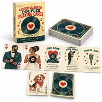 Cartes à jouer personnalisées pour couples, thème Saint-Valentin, avec design rétro de disque vinyle, questions pour soirée musicale romantique et portraits de couple personnalisés