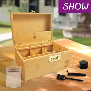 Vintage Bamboo Stash Kit With Removable Magnetic Rolling Tray Lid Wood Decorative Box With Brush 3 Airtight Jars