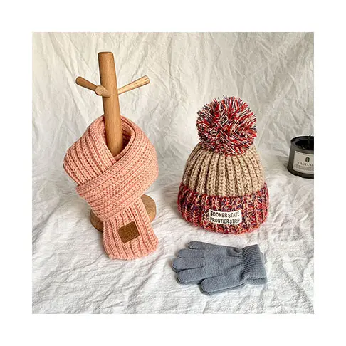 2-12 anni bambini cappelli invernali e guanti e sciarpe set maglia pom fleece caldo berretto lavorato a maglia sciarpe guanti per bambini