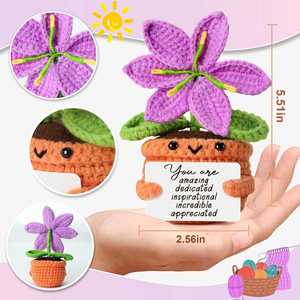 Fleur de lys violette au crochet avec carte d'affirmation, plante artificielle en pot faite à la main, positive, pour l'anniversaire d'un professeur, décoration intérieure - Product Image 3