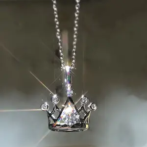 Huitan Low MOQ New King Queen Crown Pendant Necklace for Girl link Chain 925 Silver Plating Pave Diamond Women Crown Necklace