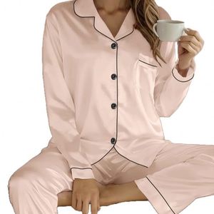 Ensemble de pyjama en satin uni pour le printemps, col à revers, cardigan ouvert sur le devant, manches longues, pantalon long, vêtements de maison doux - Product Image 1