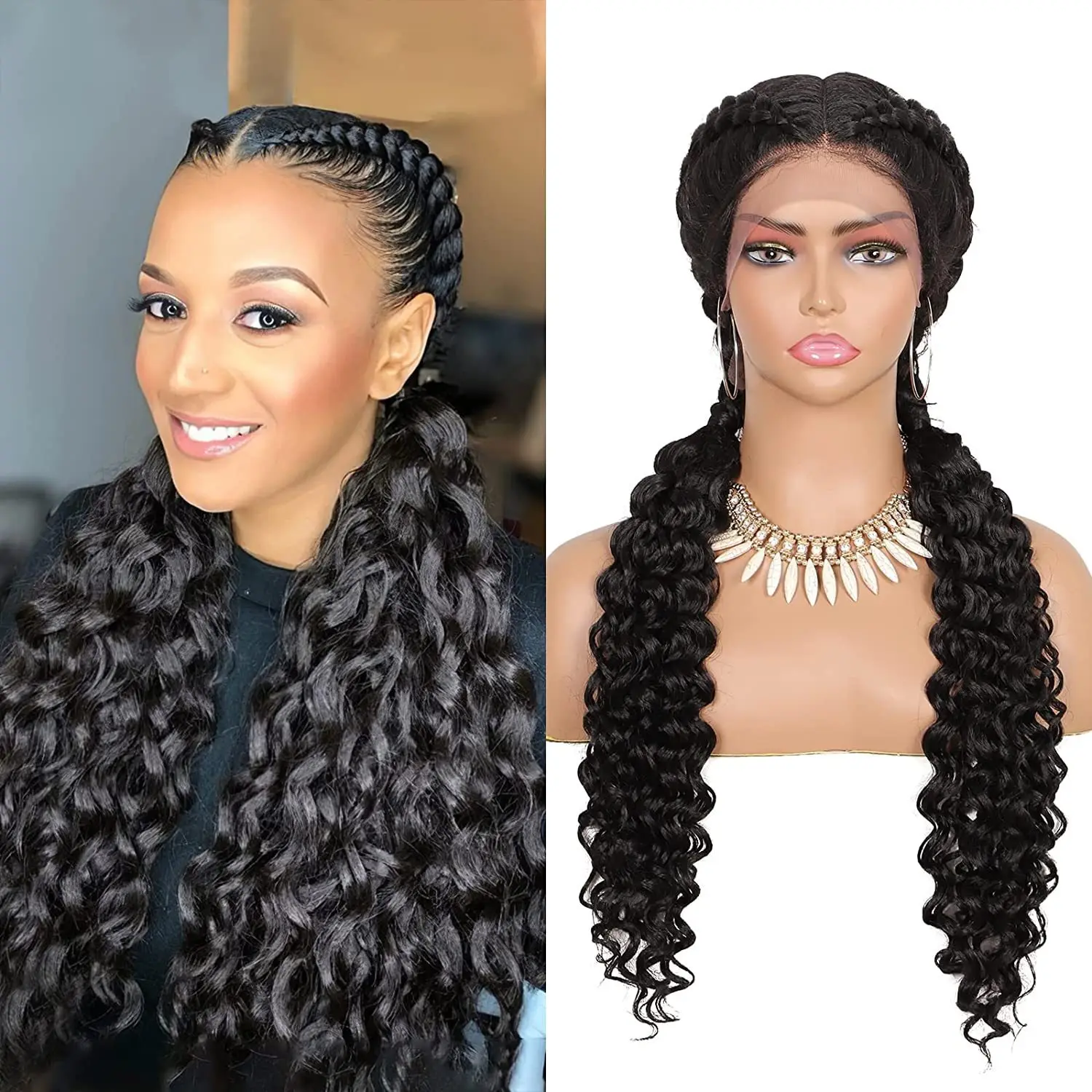 Wig Pabrik Grosir Serat Kimia Renda Depan Fishbone Anyaman 2-Strand Braid Wig Headpiece Braid Wig untuk WANITA HITAM