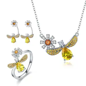 BAGREER SCN242 lusso grande cristallo giallo CZ zircone ape ciondolo margherita pietra preziosa argento Chian collana gioielli per donne ragazze