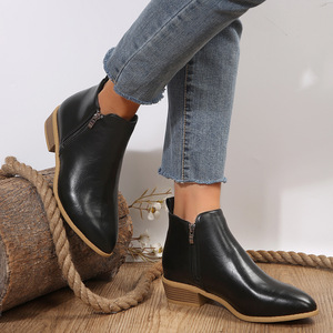 Bottines pour femmes Xuanhui taille 43, tendance, en cuir, à talon bas, avec fermeture éclair latérale, bout pointu, bottines à la cheville pour femmes - Product Image 4