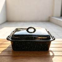 Plat de cuisson rectangulaire en acier émaillé noir moucheté de 32 cm pour camping, avec grille, idéal pour four et cuisson en extérieur