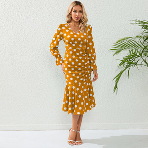 Graziosi passi Sexy a <span class=keywords><strong>pois</strong></span> con scollo a V abito a maniche lunghe plissettato a coda di pesce gonna Midi Slim Fit taglie forti per bambini - Product Image 4