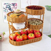 Plateau à fruits et panier à collations multi-niveaux en rotin tressé PP avec cadre en fer, design géométrique moderne, pour décoration haut de gamme de salon